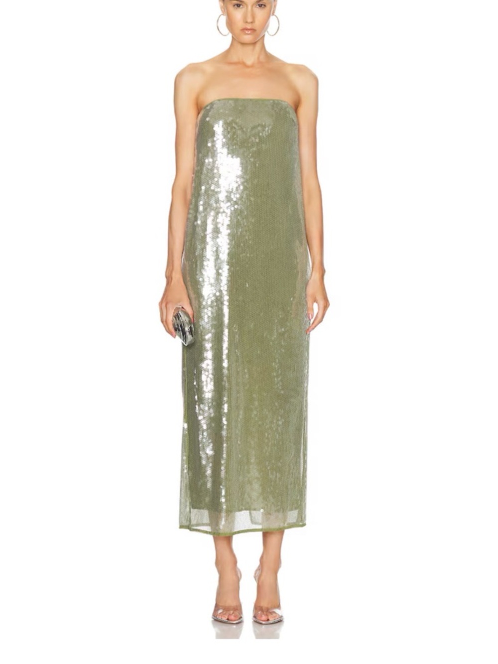STAUD Olive Green Strapless Sequin Column Dress